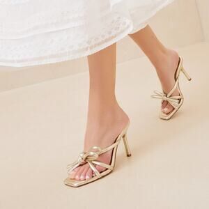 Loeffler Randall Margi Champagne Bow Heels Sandals Strappy Gold Size 11 Preowned